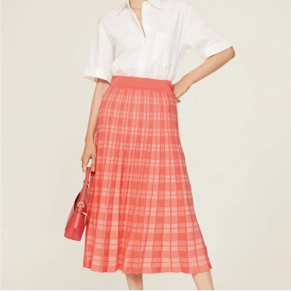 kate spade Coral Plaid Pleated A-Line Midi Skirt